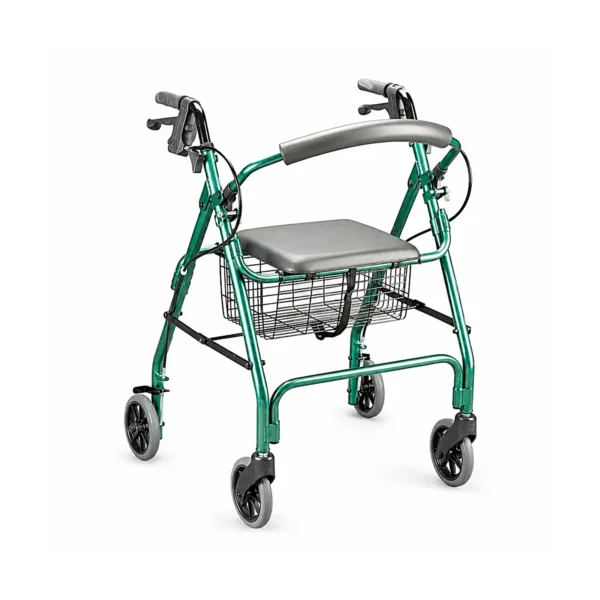 A green four-wheeled walker with hand brakes, a padded seat, and a wire storage basket on a white background.