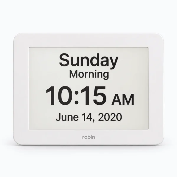 A white Robin digital alarm clock displaying Sunday morning, 10:15 AM, and June 14, 2020 on a light background.