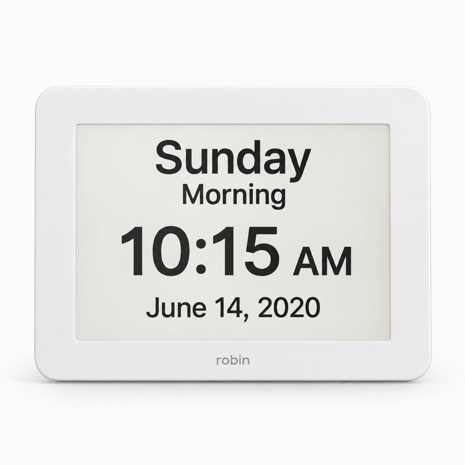 A white Robin digital alarm clock displaying Sunday morning, 10:15 AM, and June 14, 2020 on a light background.