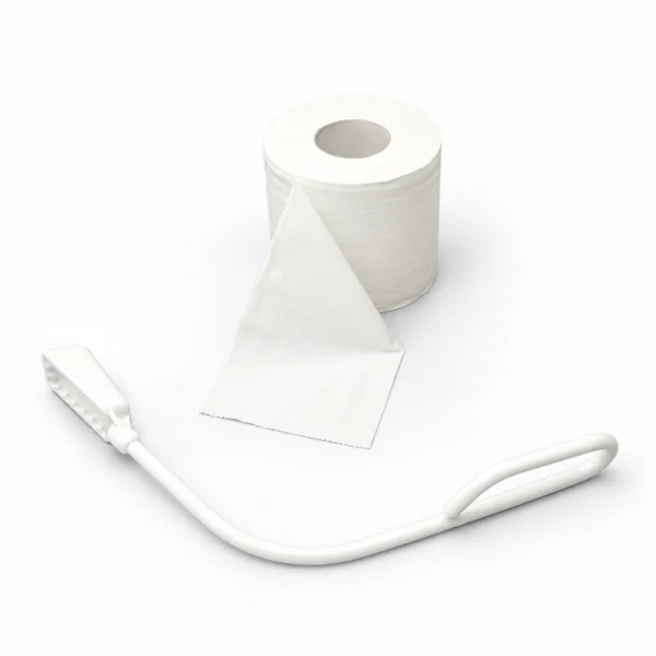 A white toilet paper roll with a partially pulled sheet and a white toilet brush on a white background.