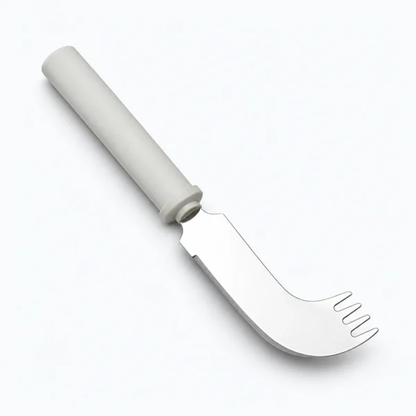 A white-handled stainless steel mezzaluna knife with a curved blade and four tines, shown on a white background.