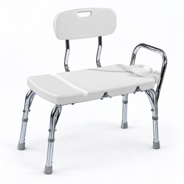 A white shower chair with a backrest, armrest, and adjustable chrome legs, shown on a plain white background.