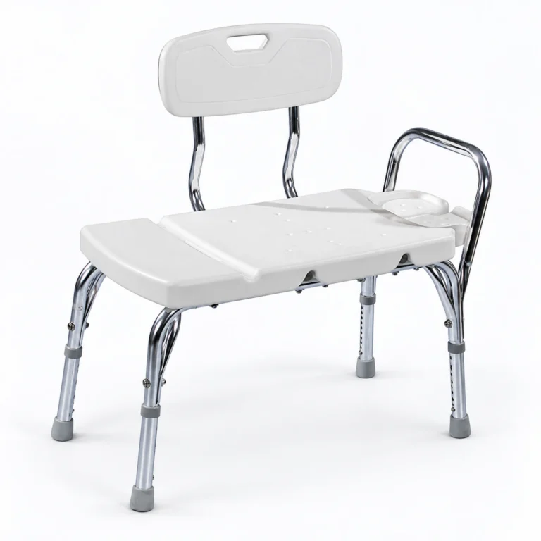 A white shower chair with a backrest, armrest, and adjustable chrome legs, shown on a plain white background.