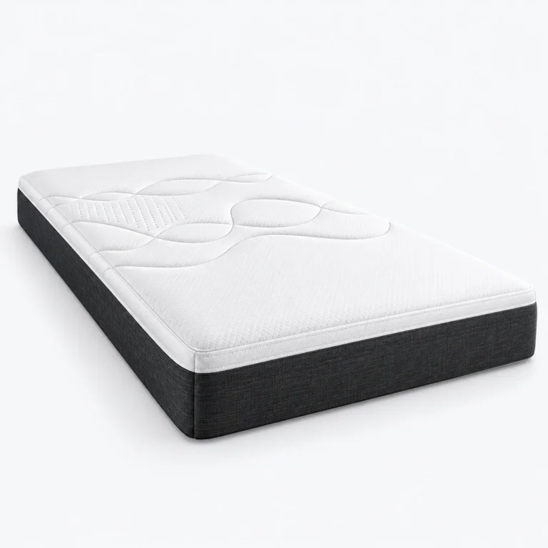 A white mattress with quilted padding and a dark gray side panel, shown on a plain white background.