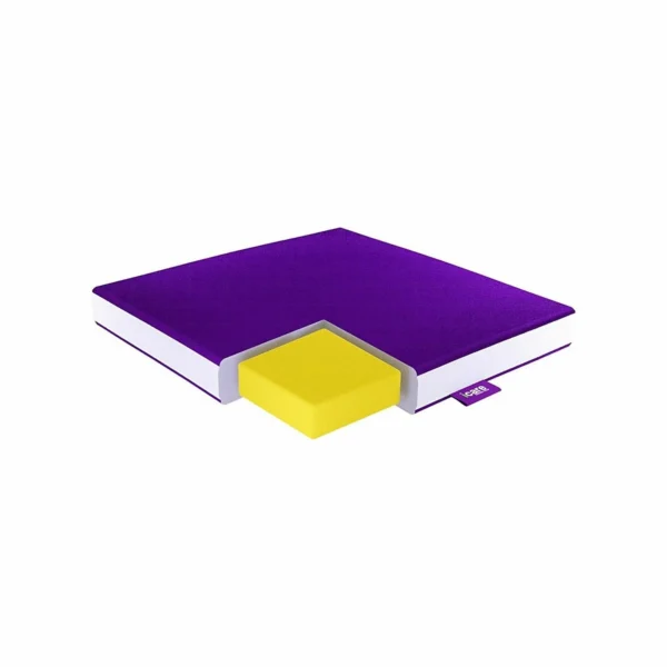 A purple book-shaped object with a yellow block inserted into the center opening, shown on a white background.