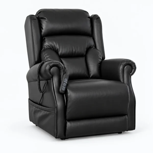 A black leather recliner chair with padded armrests and a side control panel, shown on a white background.