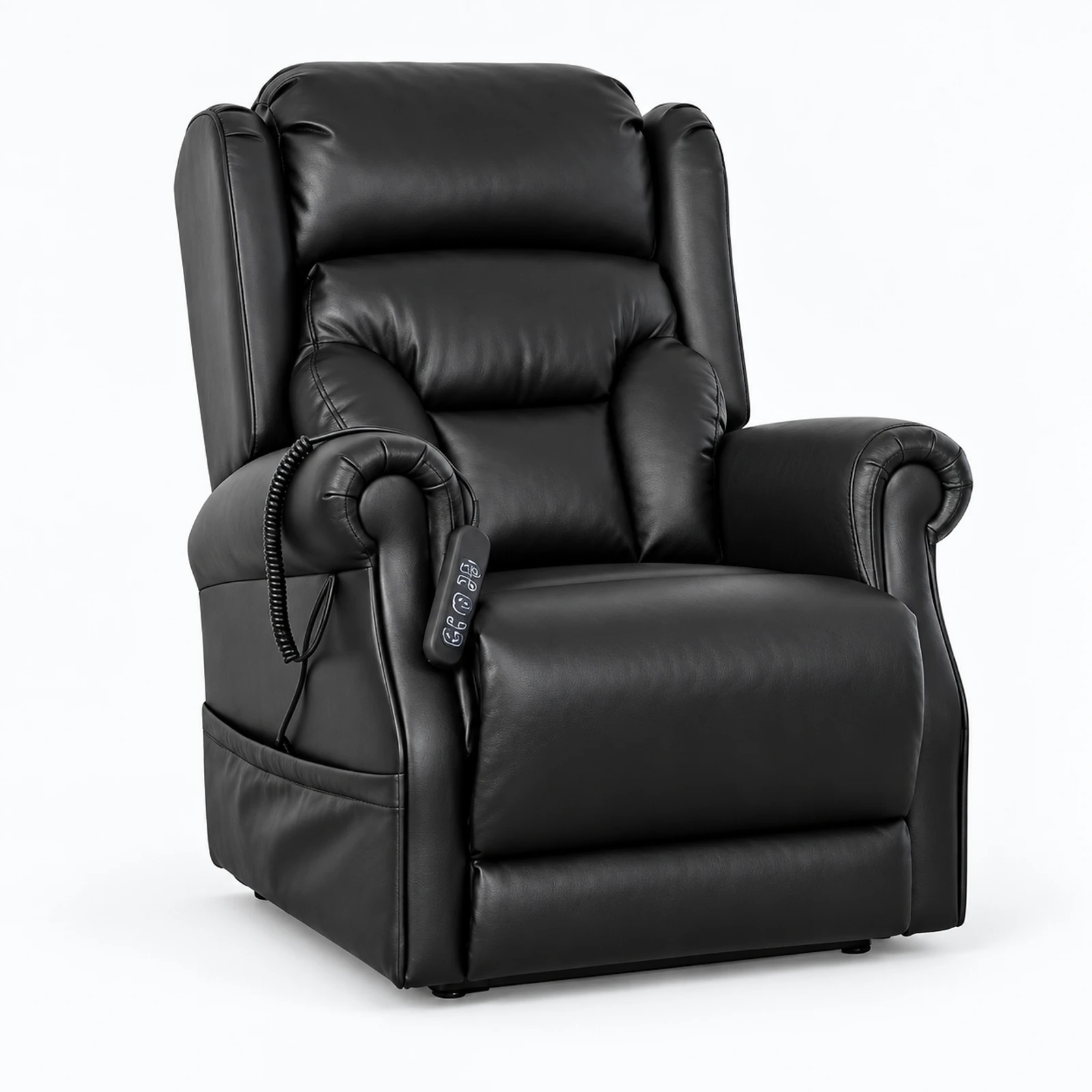 A black leather recliner chair with padded armrests and a side control panel, shown on a white background.