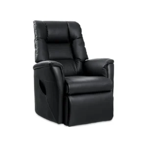 A black leather recliner chair with padded armrests and a high back, shown on a white background.