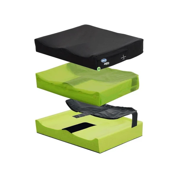A three-layer wheelchair cushion is shown in an exploded view, with black and lime green foam sections on a white background.