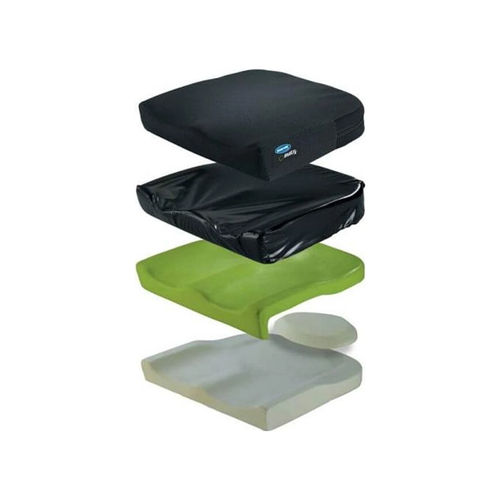 Four stacked seat cushions in black, green, and gray on a white background.