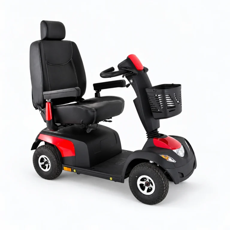 A black four-wheeled mobility scooter with red accents and a front storage basket, shown on a white background.