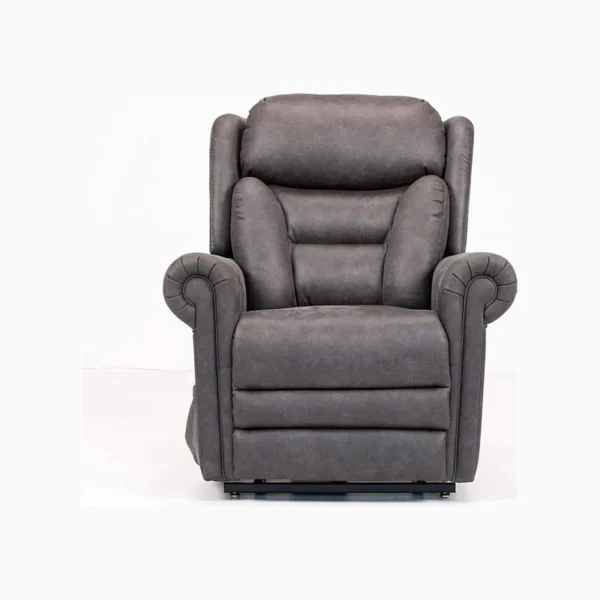 A gray upholstered recliner chair with rolled arms and a padded backrest, shown against a white background.