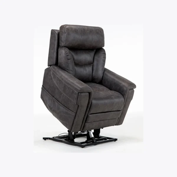 A dark gray recliner chair with a padded headrest and armrests, shown on a metal swivel base against a white background.