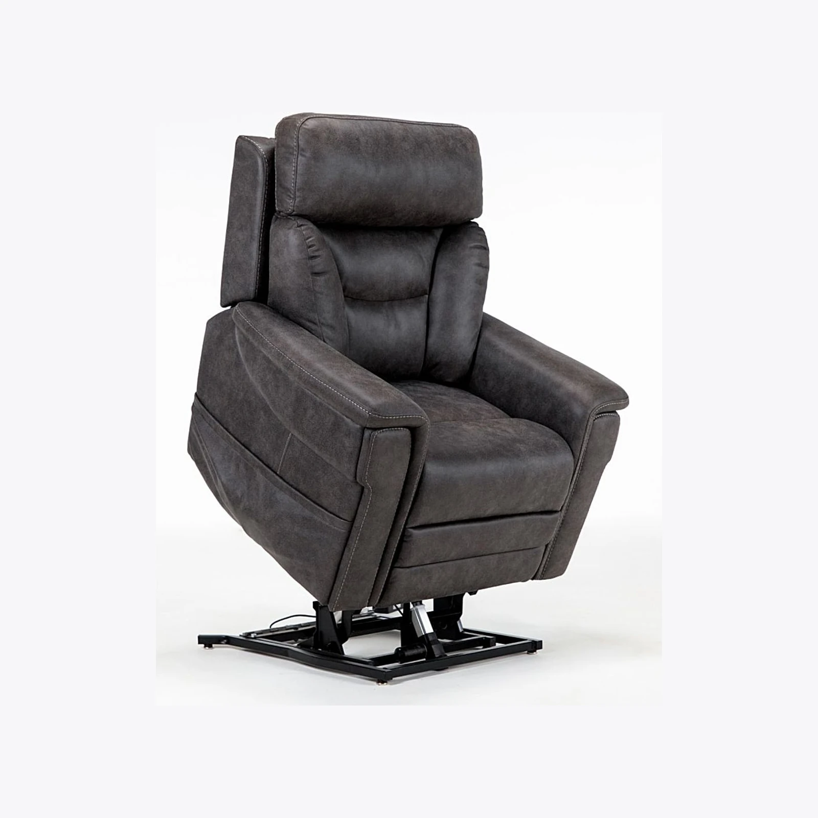 A dark gray recliner chair with a padded headrest and armrests, shown on a metal swivel base against a white background.