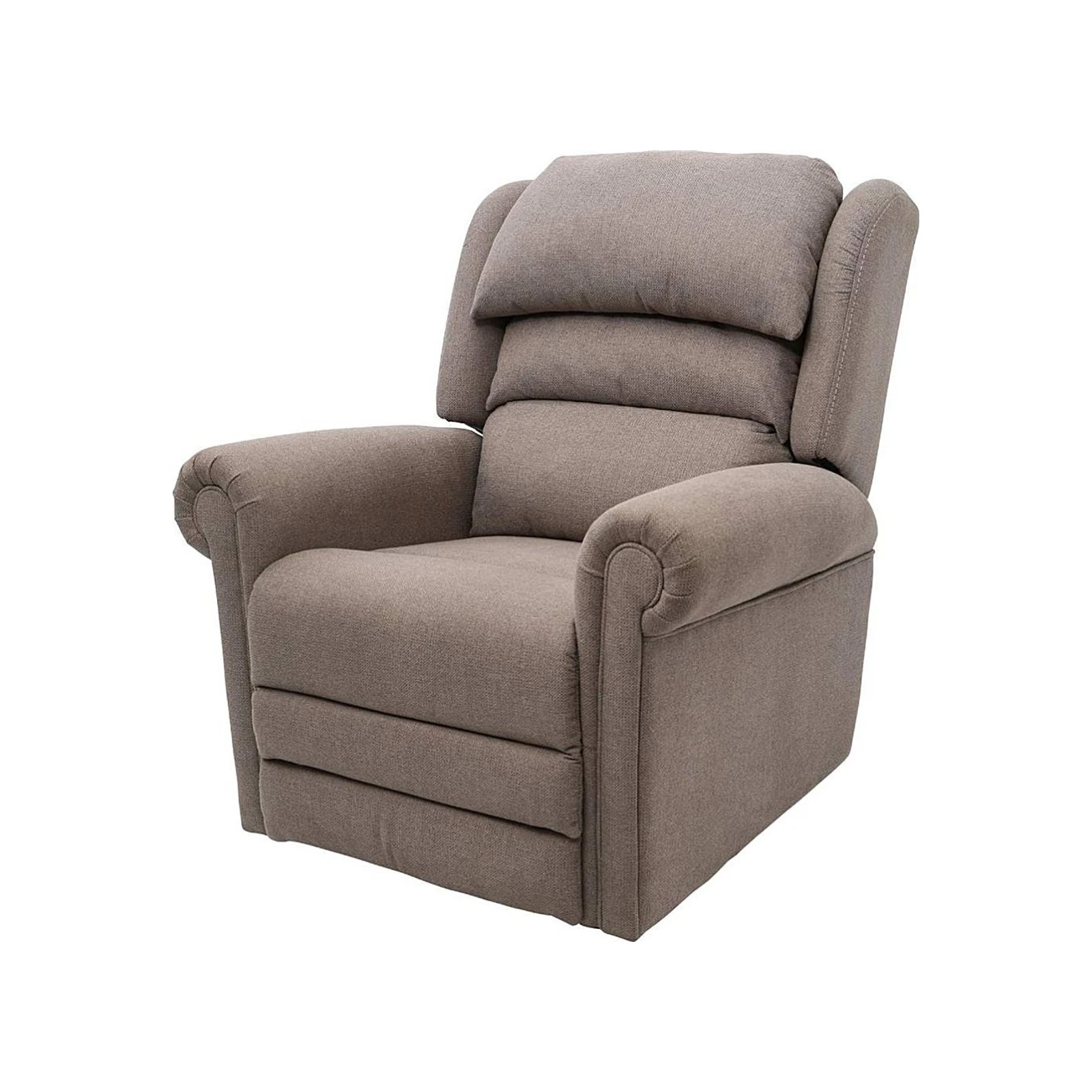 A taupe upholstered recliner chair with padded armrests and a cushioned back, isolated on a white background.