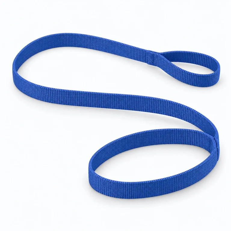 A blue webbing strap arranged in a loose S-shape on a white background.