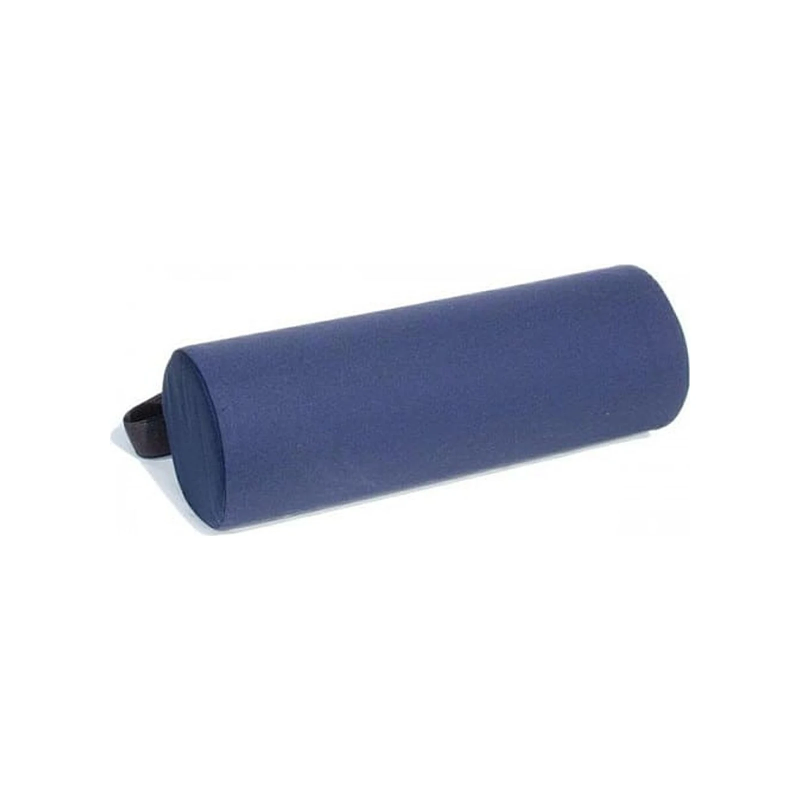 A dark blue cylindrical bolster pillow with a small black handle, shown on a white background.