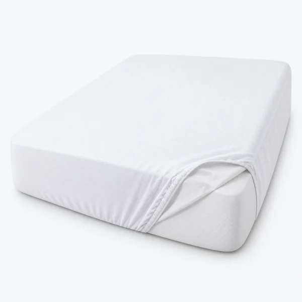 A white fitted mattress cover on a plain white background.