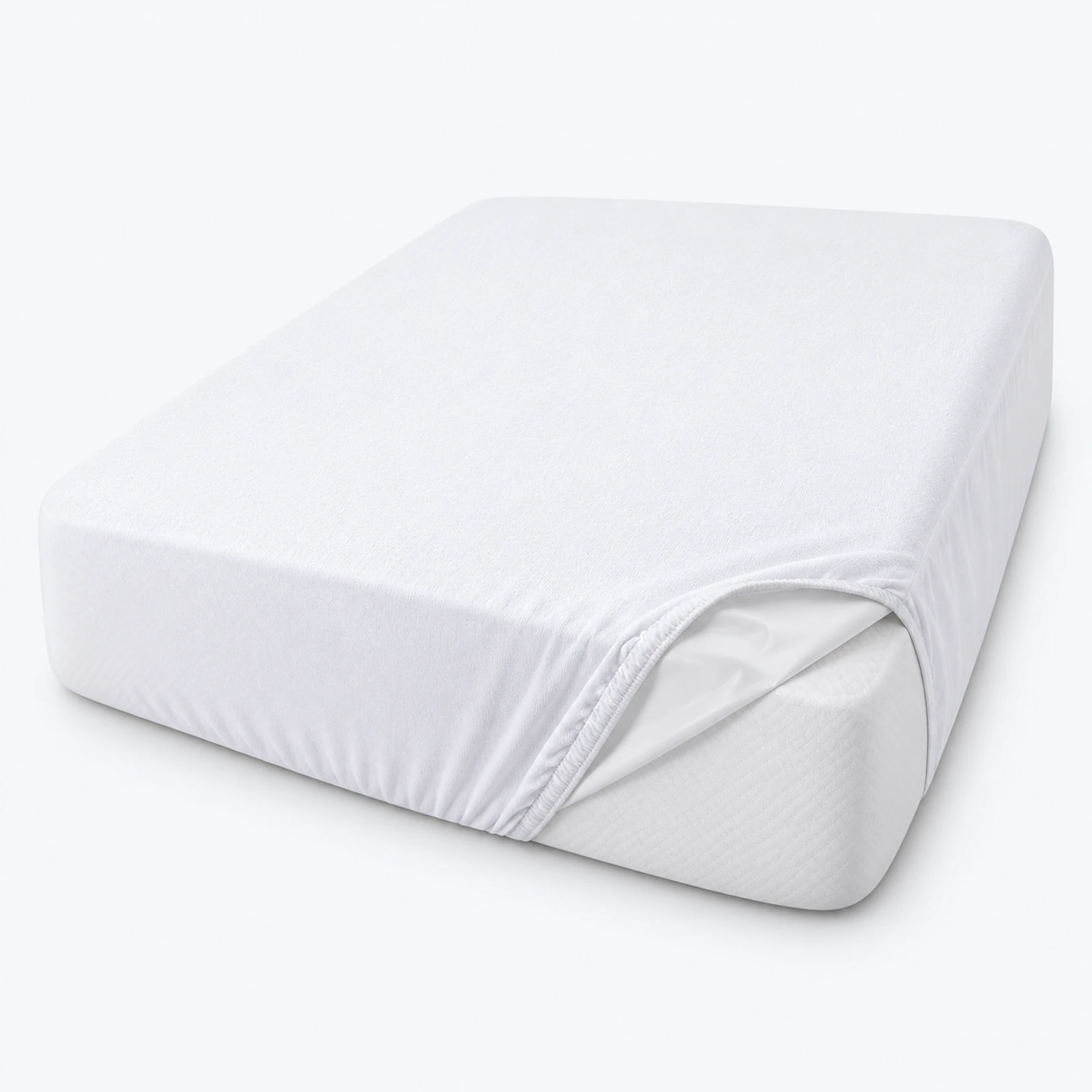 A white fitted mattress cover on a plain white background.