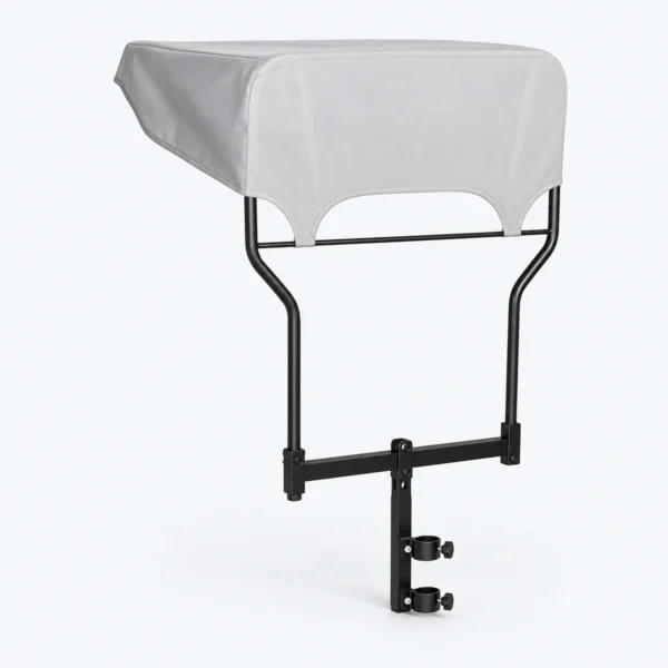 A gray protective cover on a black metal frame with clamp mounts, shown on a white background.