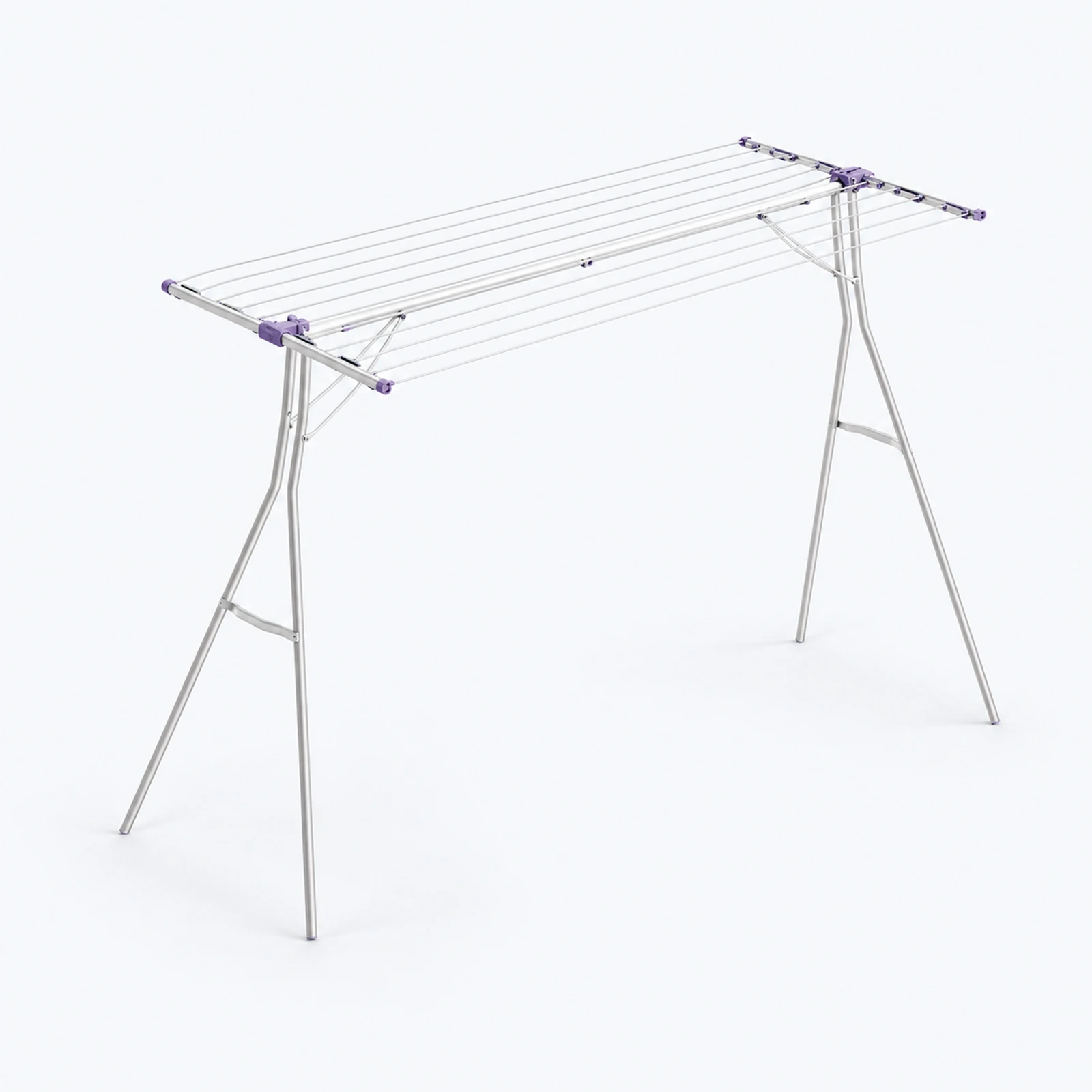 A foldable metal clothes drying rack with a rectangular frame and parallel lines, shown on a white background.