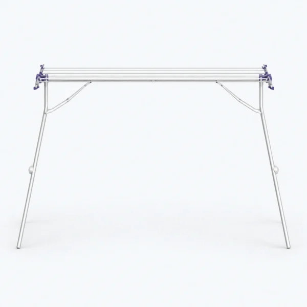 A silver folding clothes drying rack with four horizontal bars stands on a white background.
