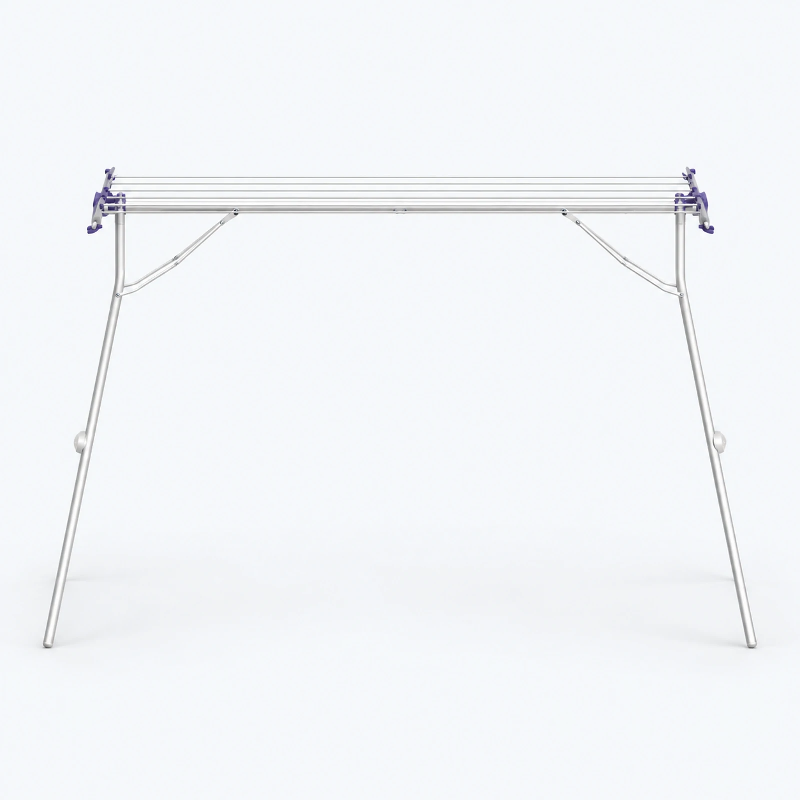 A silver folding clothes drying rack with four horizontal bars stands on a white background.