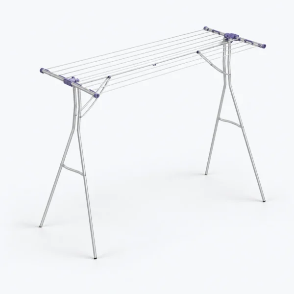 A folding metal clothes drying rack with multiple parallel lines, shown on a white background.