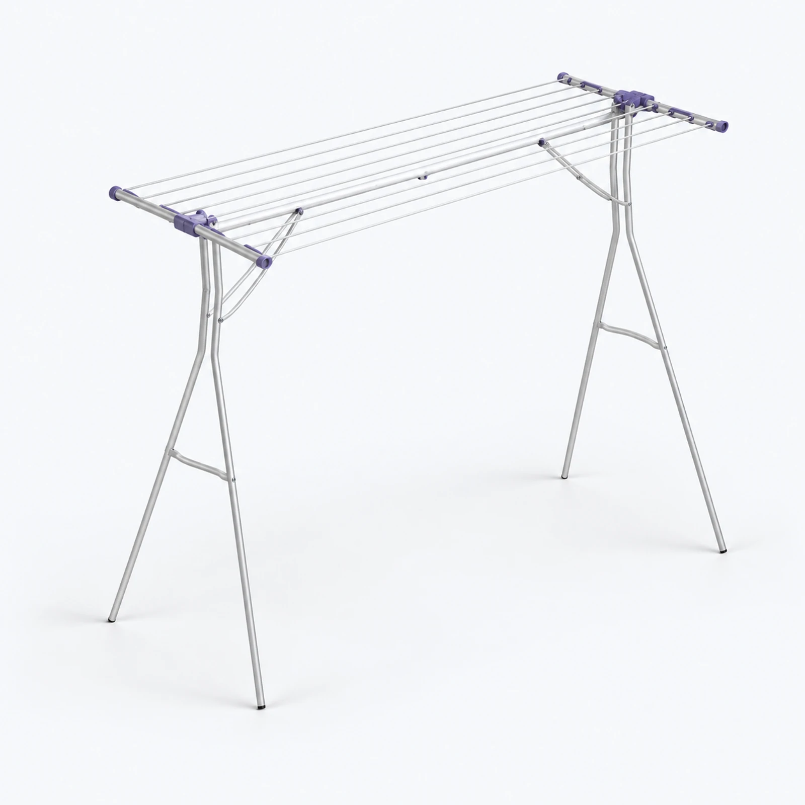 A folding metal clothes drying rack with multiple parallel lines, shown on a white background.