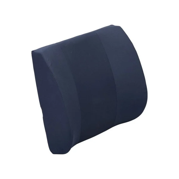 A navy blue contoured lumbar support cushion with a curved profile, shown on a white background.