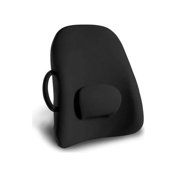 A black ergonomic back support cushion with a side handle and a molded lumbar support pad, shown on a white background.