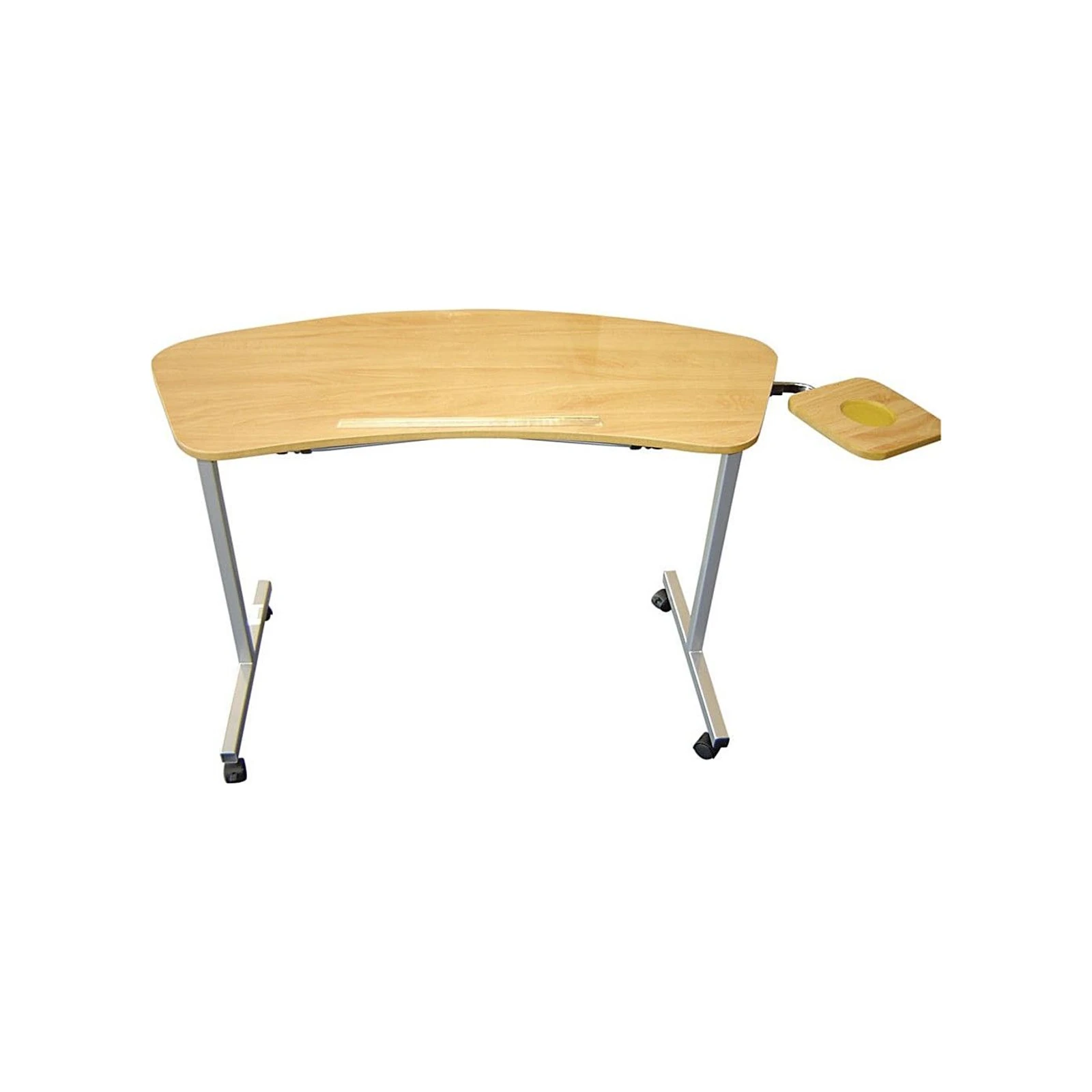 A curved light wood desk with gray metal legs and a small side shelf or tray, shown on a white background.