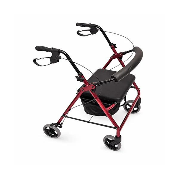 A red four-wheeled rollator walker with black handles, seat, and armrest on a white background.