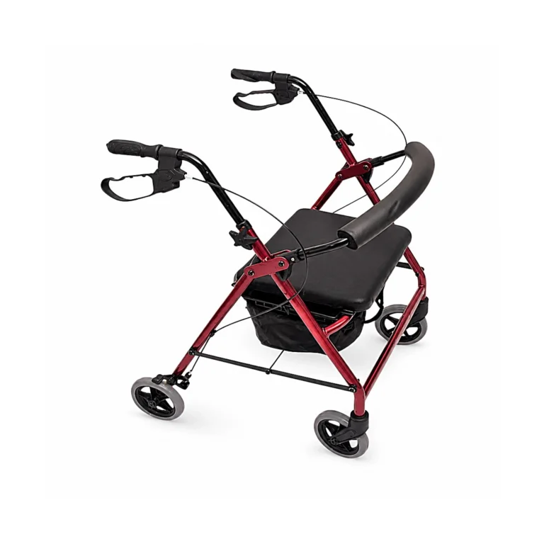 A red four-wheeled rollator walker with black handles, seat, and armrest on a white background.