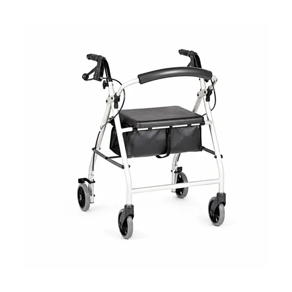 A white folding rollator walker with black handles, seat, and storage pouch on a plain white background.