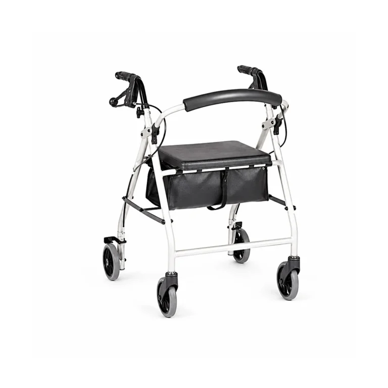 A white folding rollator walker with black handles, seat, and storage pouch on a plain white background.