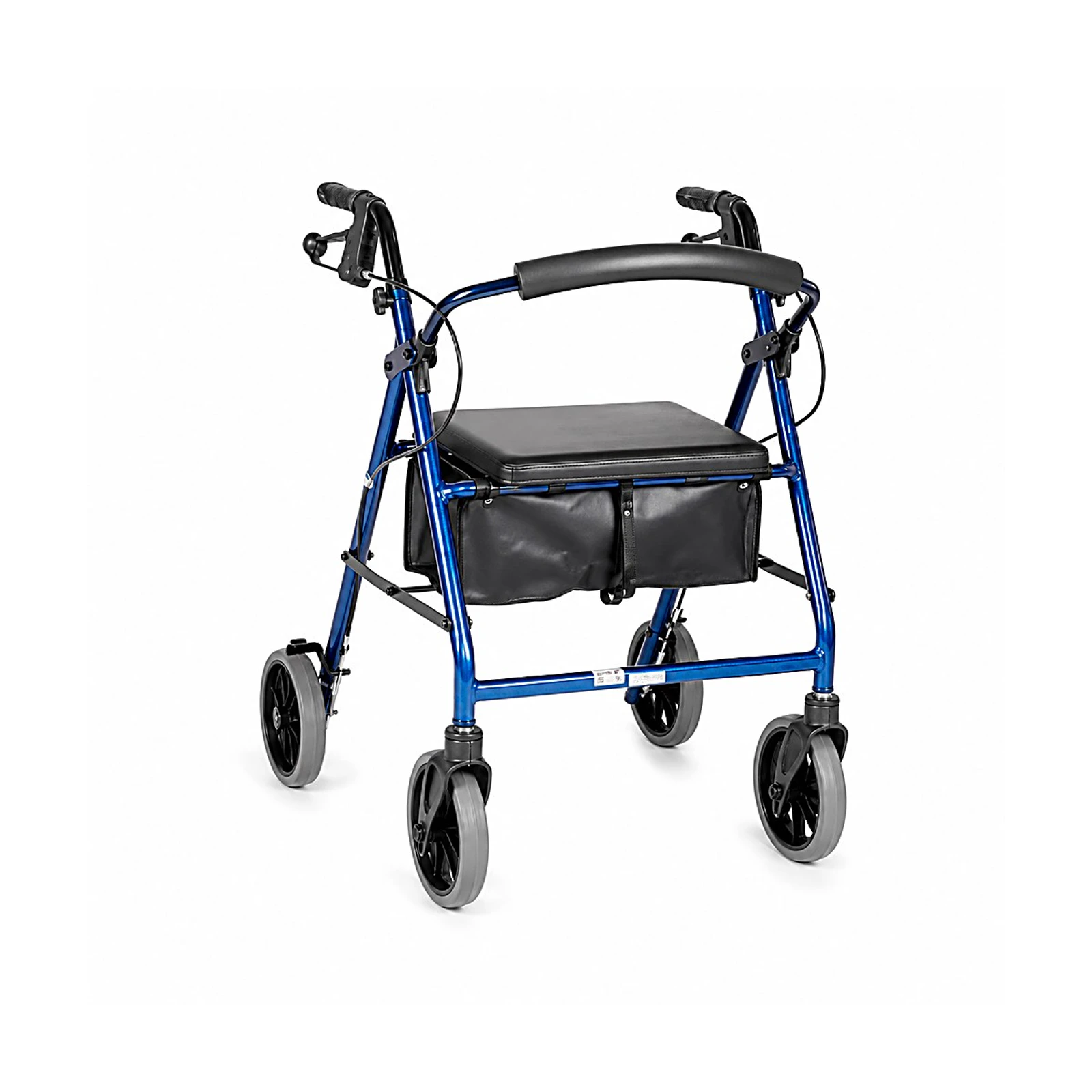 A blue folding four-wheeled walker with black handles, a padded seat, and a front storage pouch on a white background.