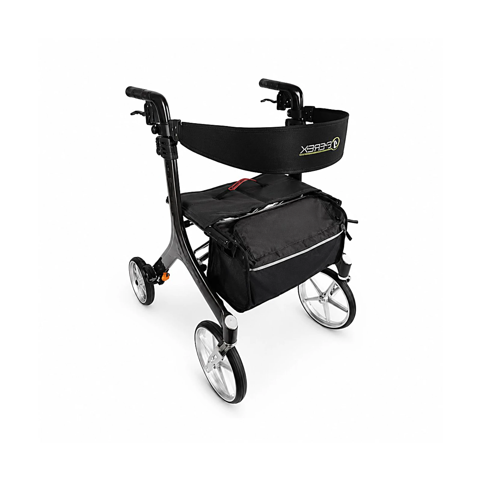A black four-wheeled rollator walker with a padded seat and storage bag, shown on a white background.