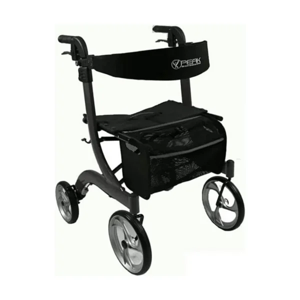 A black aluminum rollator walker with four wheels, a seat, and a front storage bag, shown on a white background.