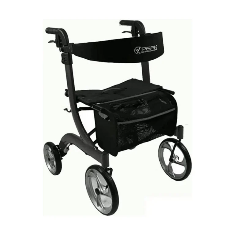 A black aluminum rollator walker with four wheels, a seat, and a front storage bag, shown on a white background.