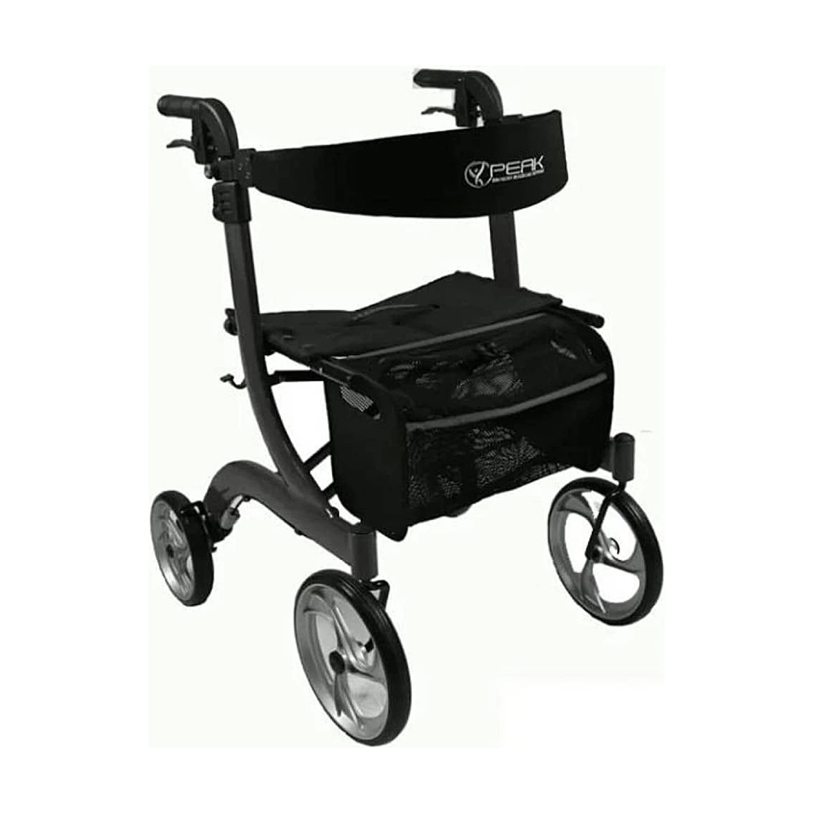 A black aluminum rollator walker with four wheels, a seat, and a front storage bag, shown on a white background.
