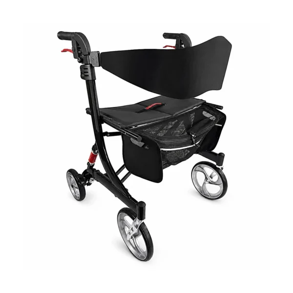 A black rollator walker with a seat, backrest, and storage pouch, shown on a white background.