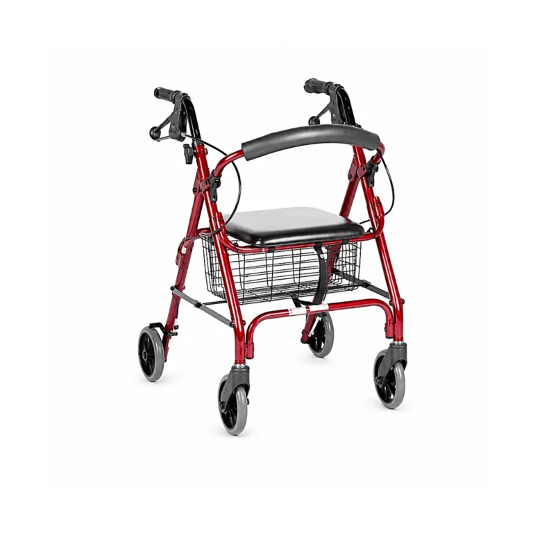 A red rolling walker with four wheels, hand brakes, and a padded seat, shown on a white background.
