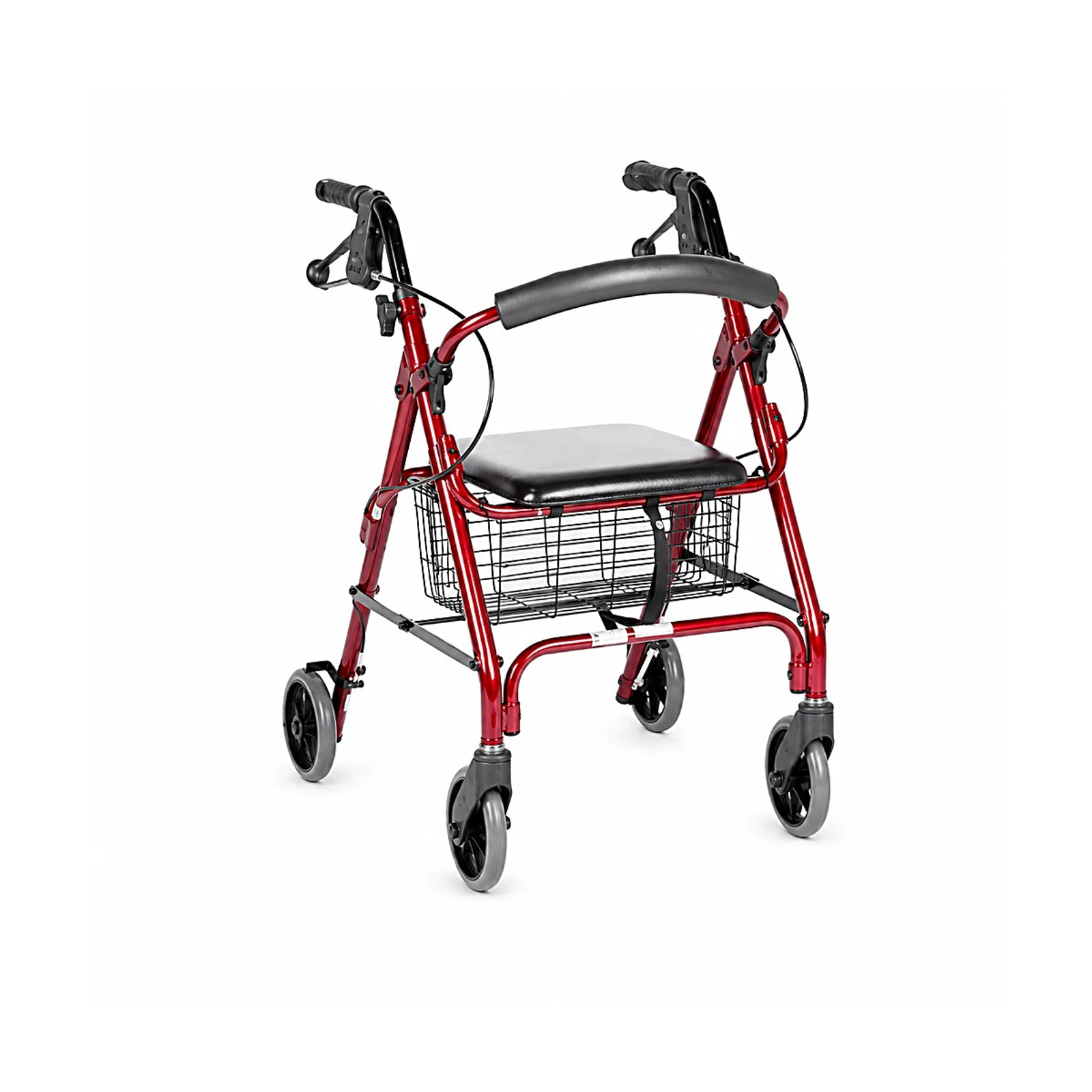 A red rolling walker with four wheels, hand brakes, and a padded seat, shown on a white background.