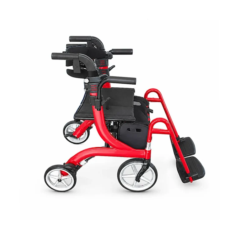 A red and black pediatric gait trainer walker with wheels, support handles, and leg support straps on a white background.