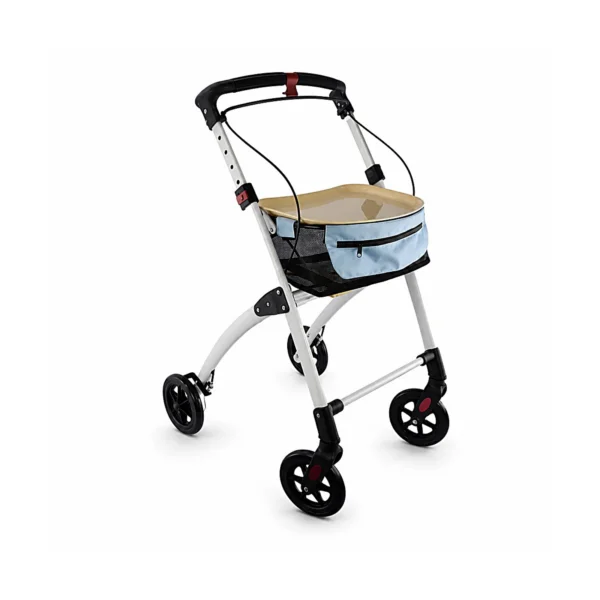 A silver lightweight walker with four black wheels and a blue storage pouch, shown on a white background.