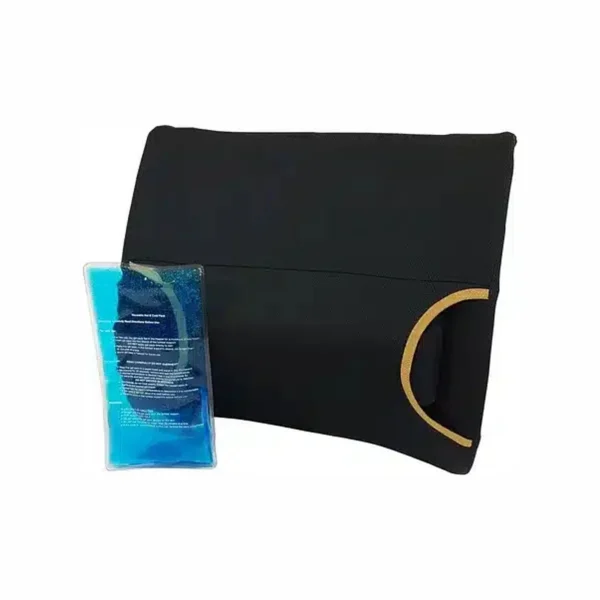 A black zippered pouch with a curved gold handle detail, shown beside a blue gel ice pack on a white background.