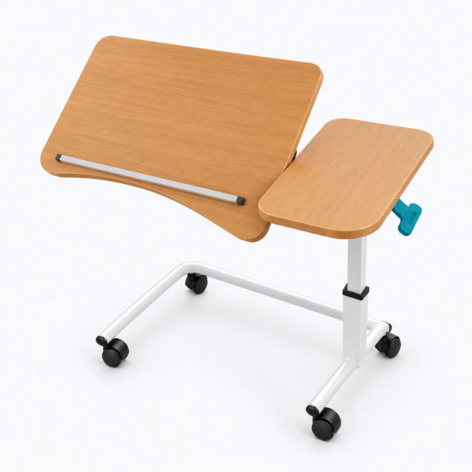 An adjustable wooden overbed table with two tilting surfaces and a white wheeled metal frame on a white background.