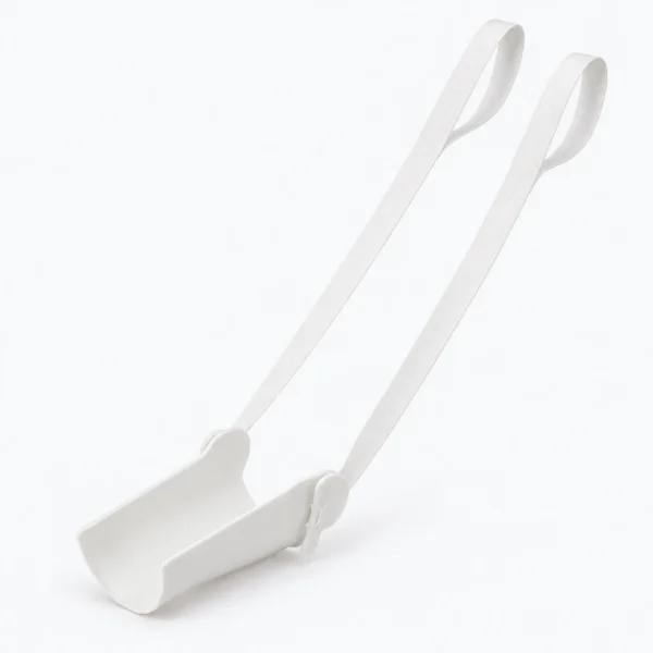 A white plastic ice cream scooper with two long handles, shown on a plain white background.