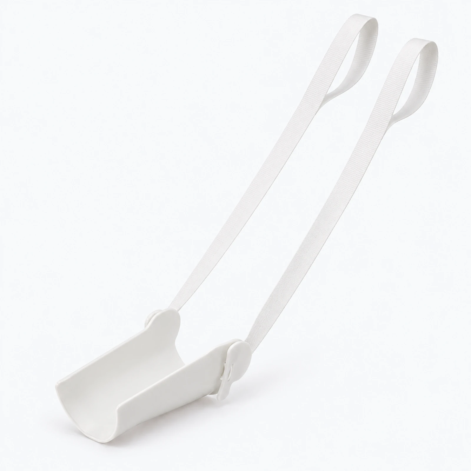 A white plastic ice cream scooper with two long handles, shown on a plain white background.